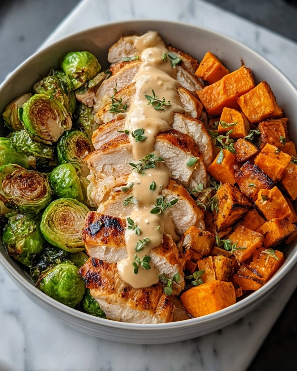 A white bowl filled with three main layers: on the left, bright green roasted Brussels sprouts with a slight char on their surfaces; in the center, several slices of grilled chicken breast with a golden-brown crust, topped with a light beige creamy sauce and small green herb leaves; on the right, bright orange roasted sweet potato cubes with some darker charred edges, also drizzled with the same creamy sauce. The bowl sits on a white marbled surface. photo taken with an iphone --ar 4:5 --v 7