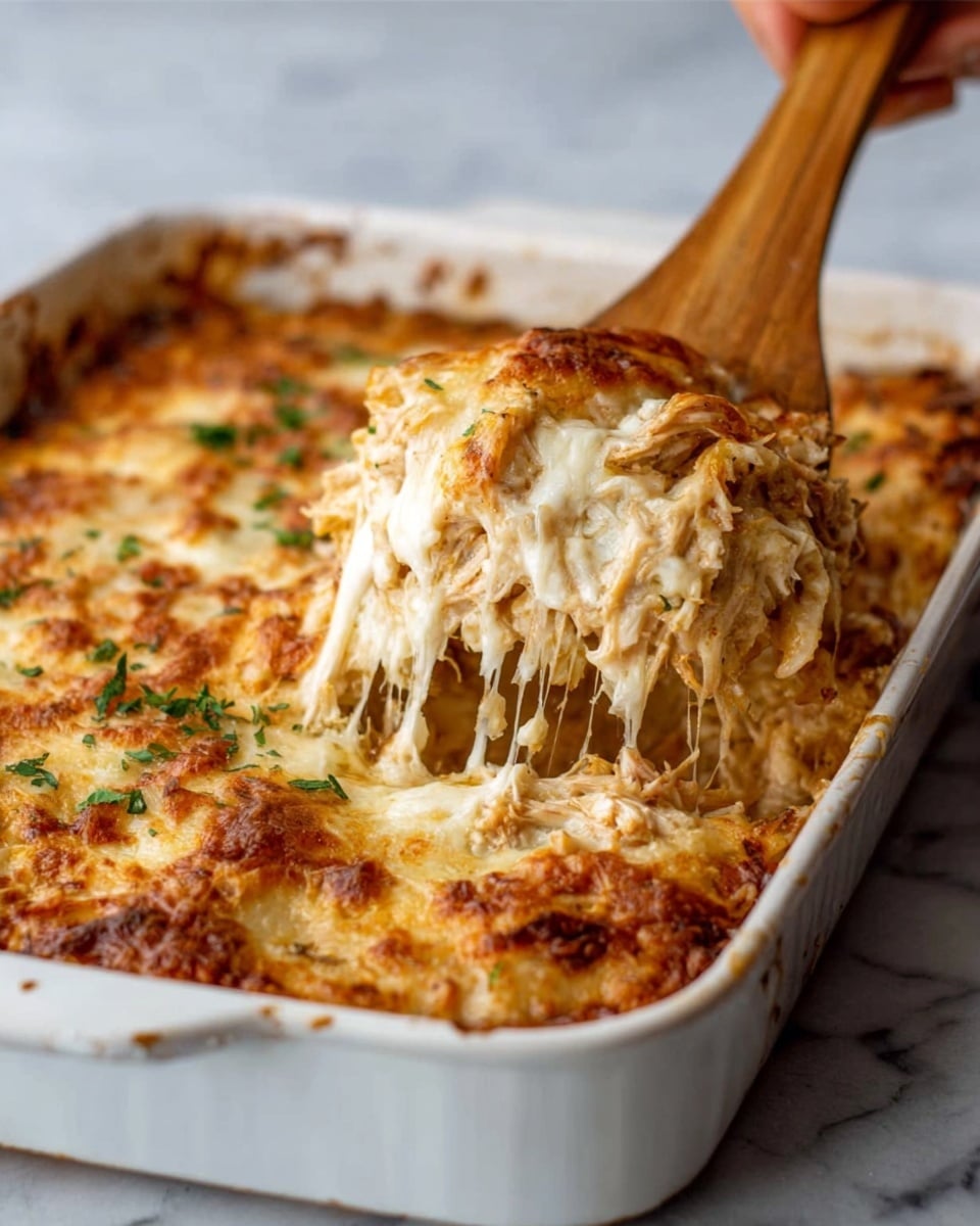 The image shows a white rectangular baking dish filled with a creamy baked dish that has a golden-brown, crispy cheese layer on top. You can see the melted cheese stretching as a wooden spatula lifts a portion from the dish, revealing soft, creamy layers of shredded white meat and sauce underneath. Small bits of green herbs are scattered on the surface, adding a touch of color. The white marbled background contrasts with the rich colors of the food, and a woman's hand is holding the wooden spatula. Photo taken with an iphone --ar 4:5 --v 7