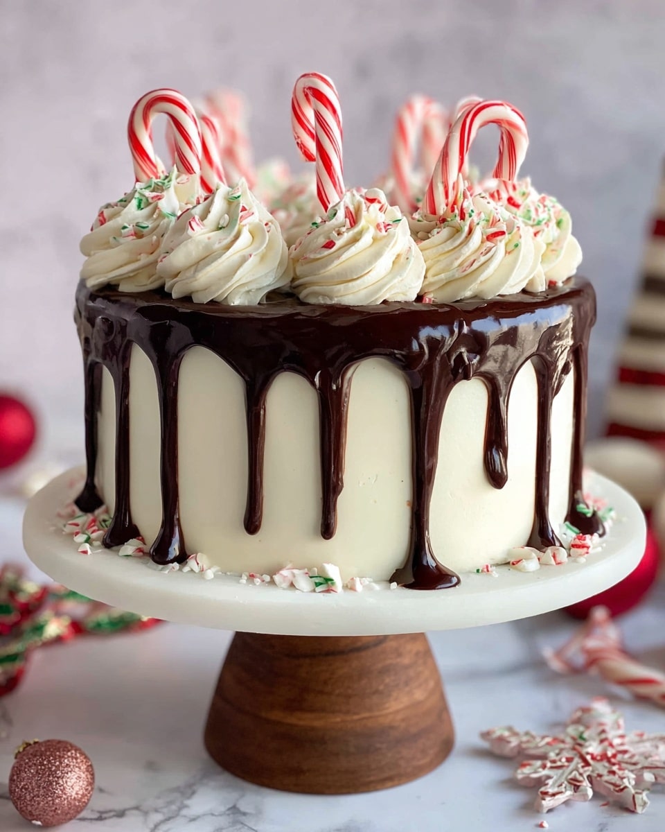 A slice of three-layer dark chocolate cake sits on a white plate, each layer separated by thick, smooth chocolate filling. The cake is covered with white frosting, topped with red and white peppermint candies and small candy canes. Behind the slice, the rest of the cake is visible with the same dark chocolate layers and white frosting, decorated with whole peppermint sticks and candies around the edges. The scene shows festive decorations including red berries and a shiny silver ornament, all on a white marbled surface. Photo taken with an iphone --ar 4:5 --v 7