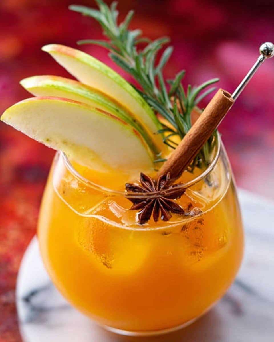The image shows a clear round glass filled with a bright orange drink. Inside the drink are ice cubes that add a refreshing look. On top, there are thin slices of apple that are light yellow with a smooth texture, fanned out on one side, and a sprig of fresh green rosemary placed next to them. A wooden stick and a metal pick with a small silver ball hold the apple slices and a star anise in place. The background is blurred with warm red and pink colors, and the glass is sitting on a white marbled surface. A woman's hand is gently holding the wooden stick from the side. Photo taken with an iphone --ar 4:5 --v 7