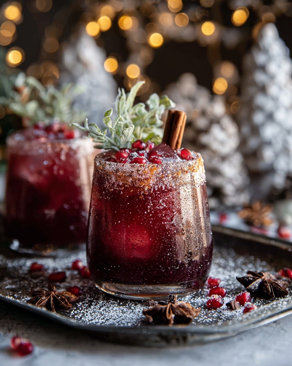 A close-up image of a festive drink in a clear glass filled with deep red liquid and ice cubes, with a sugar-coated rim giving a light sandy texture around the top edge. Inside the drink near the rim, bright red pomegranate seeds and a dark brown cinnamon stick stand upright, along with a sprig of frosted green herb leaves adding a fresh look. The glass sits on a dark metal tray scattered with white powdered sugar, loose pomegranate seeds, and dark brown star anise pods. In the blurred background, another similar drink glass can be seen, along with decorative, frosted white pine cones and warm yellow fairy lights creating a soft glowing effect. The surface is white marbled texture. photo taken with an iphone --ar 4:5 --v 7