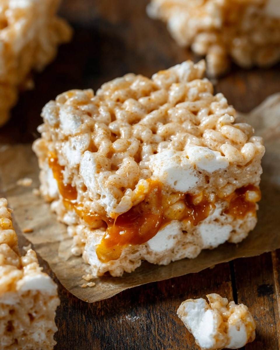 The image shows a close-up of a single large square-shaped treat made from puffed rice cereal mixed with melted white marshmallows, creating a soft, sticky, and chewy texture. There is a visible layer of glossy caramel sauce inside the treat that stretches slightly, adding a rich amber color among the pale, cream-colored rice and marshmallow mixture. The treat has an uneven, lumpy surface with small holes and bubbles typical of puffed rice snacks. It sits on a piece of parchment paper placed over a dark wooden surface, with some broken smaller pieces around it, enhancing the rough and homemade look. photo taken with an iphone --ar 4:5 --v 7