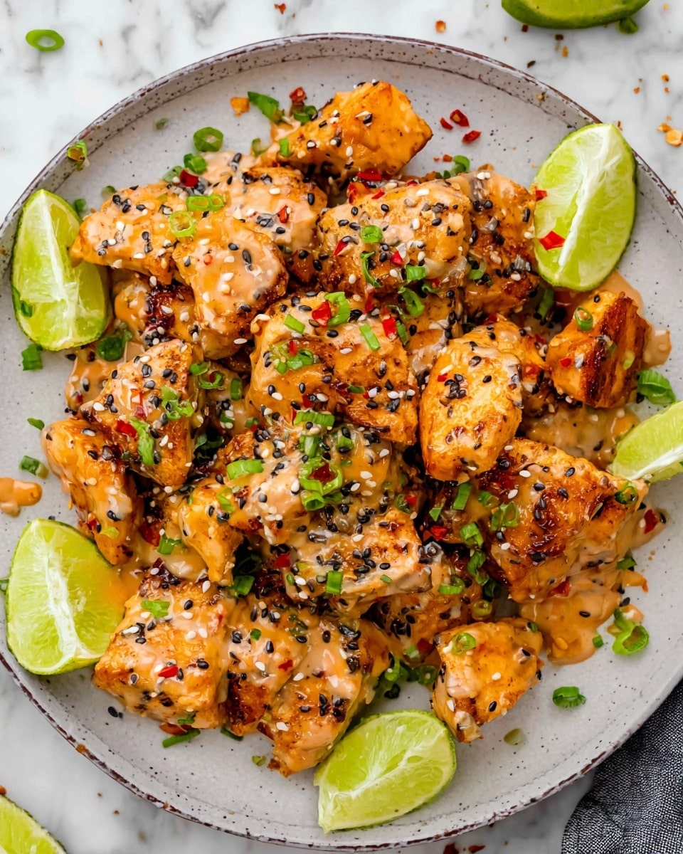 A white plate holds a pile of golden brown grilled chicken pieces coated in a creamy orange sauce, giving them a glossy look. The chicken is sprinkled with black and white sesame seeds and tiny red chili flakes, with small bright green chopped scallions scattered on top and around. Lime wedges with a fresh green color sit around the edge of the plate, adding a pop of brightness. The plate is set on a white marbled surface with some small seasoning bits scattered around. Photo taken with an iphone --ar 4:5 --v 7