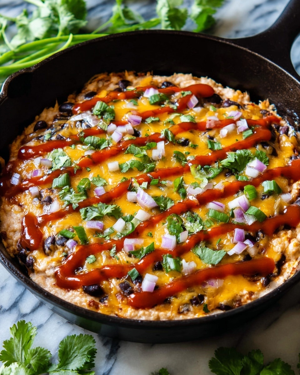 A skillet filled with a layered dish starting with a base of creamy, light tan beans mixed with black beans, topped with melted cheese in patches of golden yellow and white. Thin, bright red sauce is drizzled in stripes evenly across the top. Small, chopped pieces of purple onion and green herbs are scattered over the top, adding color and texture. The skillet rests on a white marbled surface with some fresh green cilantro leaves around it. photo taken with an iphone --ar 4:5 --v 7