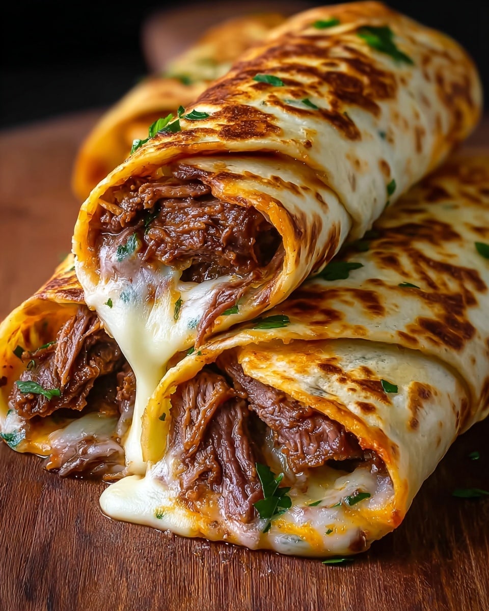 The image shows several rolled flatbreads stacked closely together, each with three visible layers: a thin golden-brown outer crispy wrap, a middle layer of melted white cheese with a smooth texture, and an inner layer of tender cooked beef strips with a rich brown color. Small chopped green herbs are sprinkled lightly on the outside and inside, adding little green specks. The rolls have a slightly oily shine and are tightly packed, showing the layers clearly. The background is a white marbled texture. photo taken with an iphone --ar 4:5 --v 7