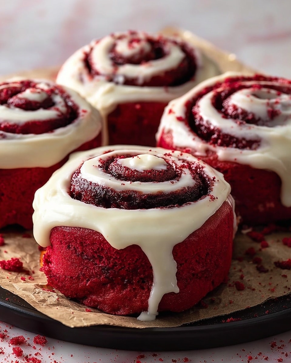 Four red velvet cinnamon rolls are shown close up, each with two visible layers: a deep red sponge base rolled into tight spirals with dark red cinnamon sugar swirls inside, and a thick layer of creamy white icing generously spread on top, dripping slightly down the sides. The rolls are on a round black tray resting on crinkled brown parchment paper, with some red crumbs scattered around them. The background has a soft white marbled texture. photo taken with an iphone --ar 4:5 --v 7