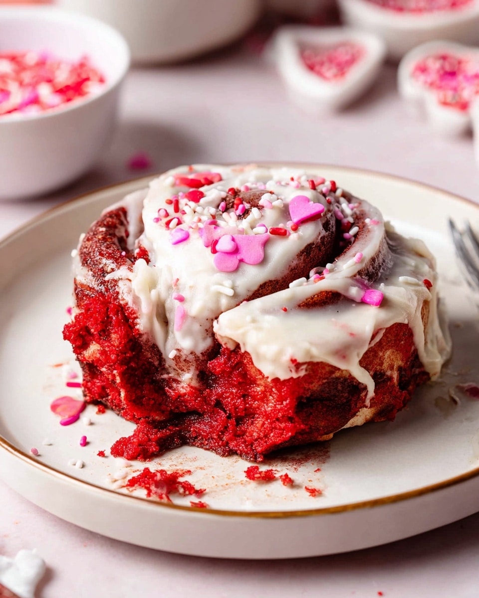 A moist red cinnamon roll with visible layers of bright red dough spiraled into the center, topped with a thick layer of creamy white icing that drips slightly down the sides, decorated with small pink and red heart-shaped and round sprinkles scattered on top, all placed on a simple white plate with a thin gold rim, set on a white marbled textured surface with a blurred background of bowls filled with similar red and pink sprinkles. photo taken with an iphone --ar 4:5 --v 7
