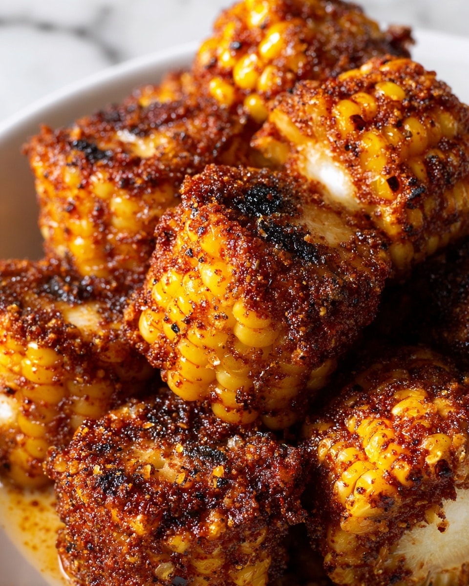 The dish shows several pieces of corn cut into small round sections, each piece covered in a dark reddish-brown spice mix. The spices give the corn a very textured, slightly crispy look with some blackened spots, suggesting it is roasted or grilled. The kernels are shiny and golden yellow underneath the seasoning, with some pieces showing a bit of white where the corn is cut. The corn pieces are piled closely together on a white plate, and the background is a white marbled texture. The image is very detailed, focusing closely on the corn's texture and spice coating, making it look rich and flavorful. Photo taken with an iphone --ar 4:5 --v 7