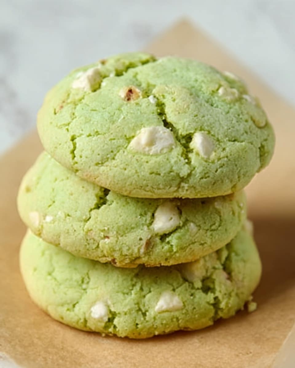 Three round, soft-looking cookies are stacked on a piece of brown parchment paper. Each cookie is light green with small white chunks spread evenly throughout, giving a textured look. The cookies have a slightly cracked surface and a gentle, cozy feel. The background is a white marbled texture. photo taken with an iphone --ar 4:5 --v 7