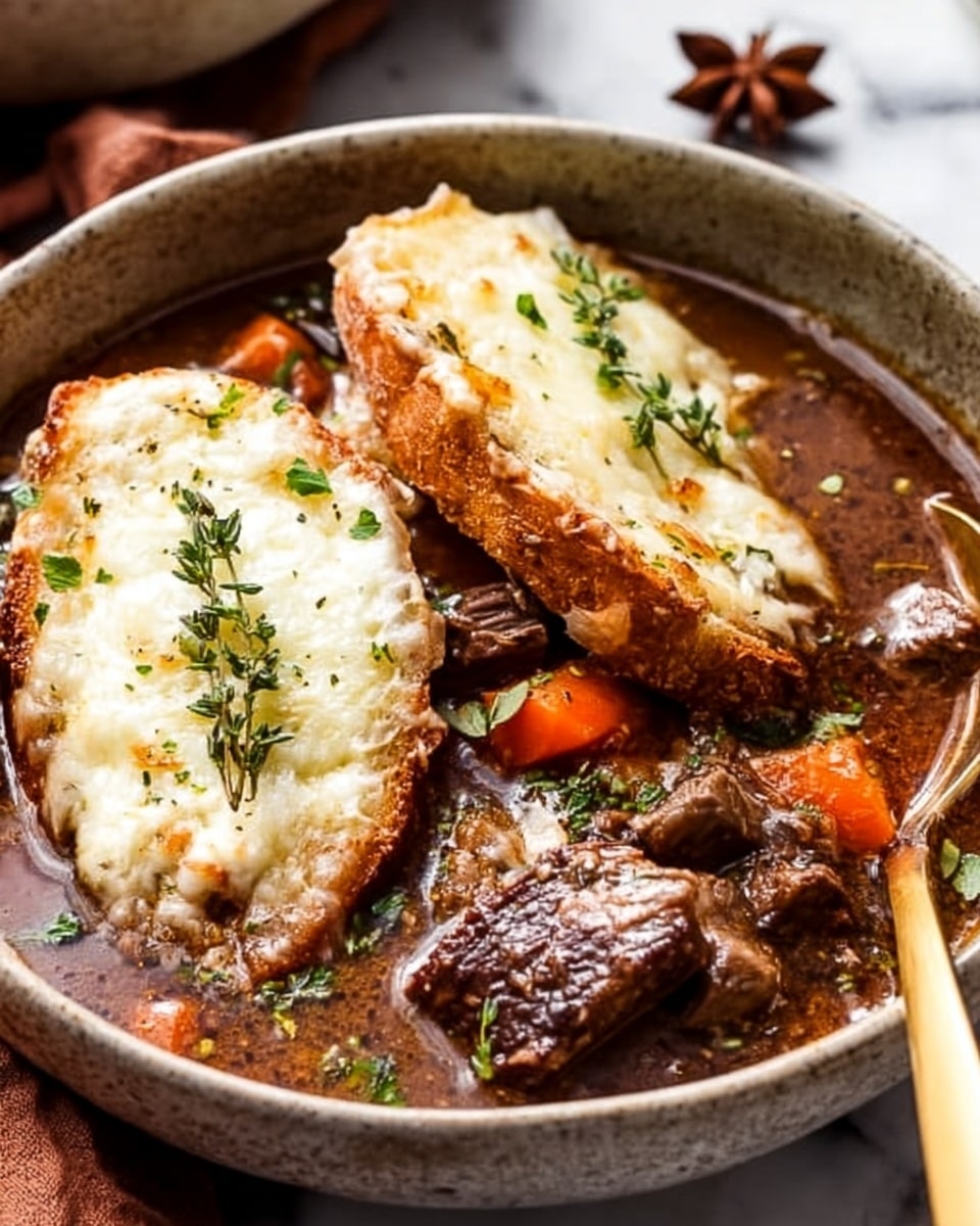 A close-up view of a gray bowl filled with a rich brown stew containing chunks of tender meat and visible pieces of carrot. On top of the stew are two slices of toasted bread covered in melted, slightly bubbly white cheese, sprinkled with small green herb leaves. The bowl sits on a white marbled surface with a brown cloth and star anise in the background. A golden spoon is partially submerged in the stew on the right side. Photo taken with an iphone --ar 4:5 --v 7