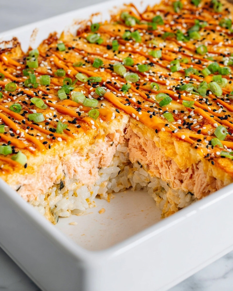The image shows a white rectangular dish with a multi-layered sushi bake inside. The bottom layer is white rice mixed with bits of seaweed, looking soft and sticky. Above that is a thick creamy pink-orange layer made of cooked salmon mixed with mayonnaise. The top layer is golden brown with melted cheese and orange sauce drizzled in lines. Black and white sesame seeds and chopped green onions are sprinkled clearly on top. A portion is missing from the front, showing the layers clearly from the side. The whole dish sits on a white marbled surface. photo taken with an iphone --ar 4:5 --v 7