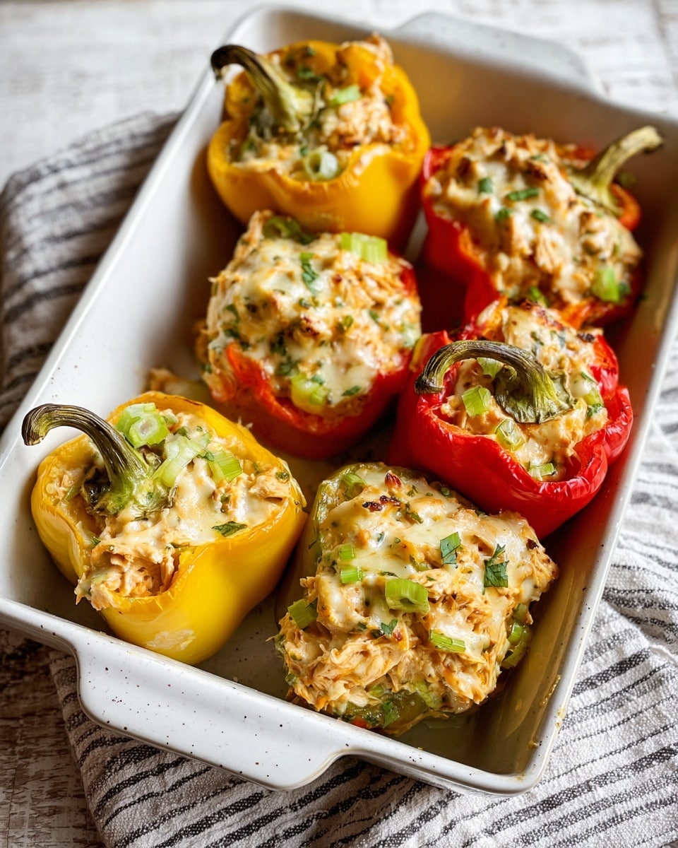 The image shows a white rectangular baking dish with five stuffed bell pepper halves inside, placed on a white marbled textured surface with a striped cloth underneath. The peppers include yellow and red colors, each cut in half lengthwise with the stem still attached. Each pepper half is filled with a creamy, chunky mixture that looks like shredded chicken with bits of green herbs or vegetables. The filling is slightly browned and melted on top, suggesting it has been baked. The texture of the filling is soft and creamy with small visible pieces of green onions or celery mixed in. Photo taken with an iphone --ar 4:5 --v 7