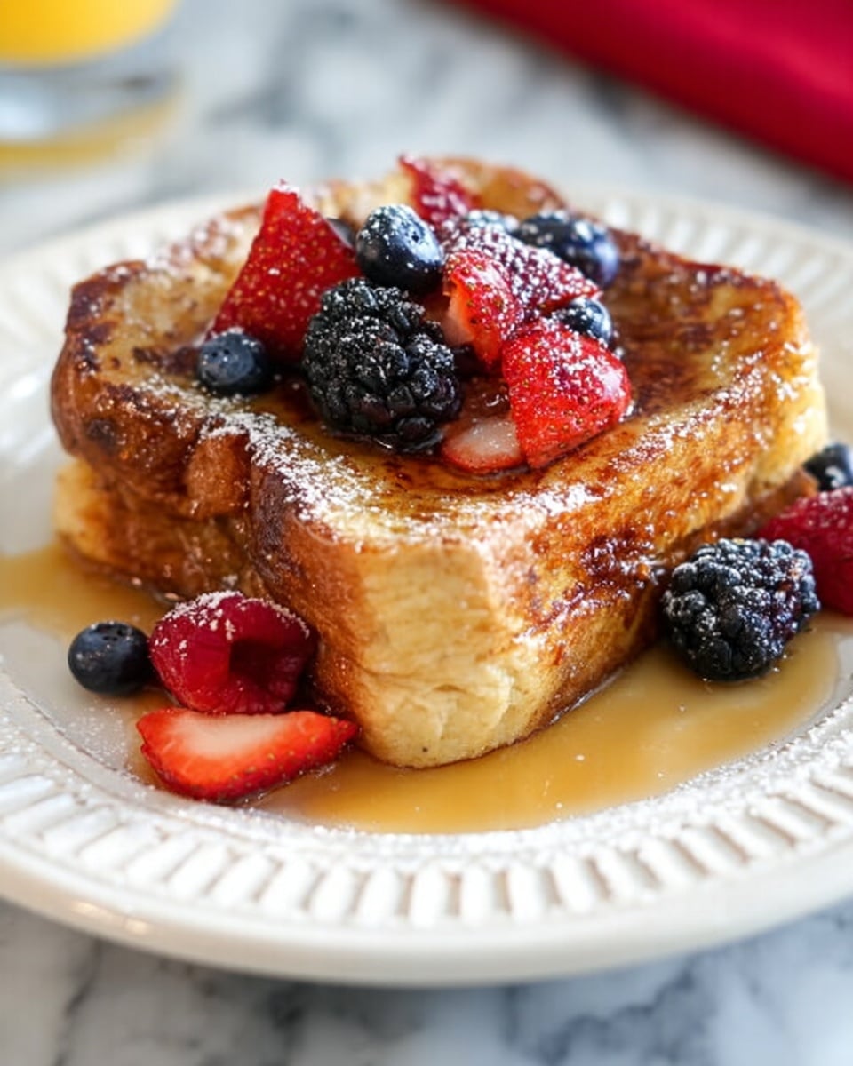 The image shows a thick, square piece of French toast on a white plate with decorative edges, set on a white marbled surface. The toast looks soft and fluffy, with a golden brown top layer that has a slightly crispy texture. It is topped with syrup that glistens and lightly drips over the sides, adding a shiny look. On top and around the toast, there are fresh berries including blackberries, blueberries, and sliced strawberries, adding bright dark purple, blue, and red colors. A light dusting of powdered sugar is visible on the berries and toast, giving a delicate white contrast. Photo taken with an iphone --ar 4:5 --v 7