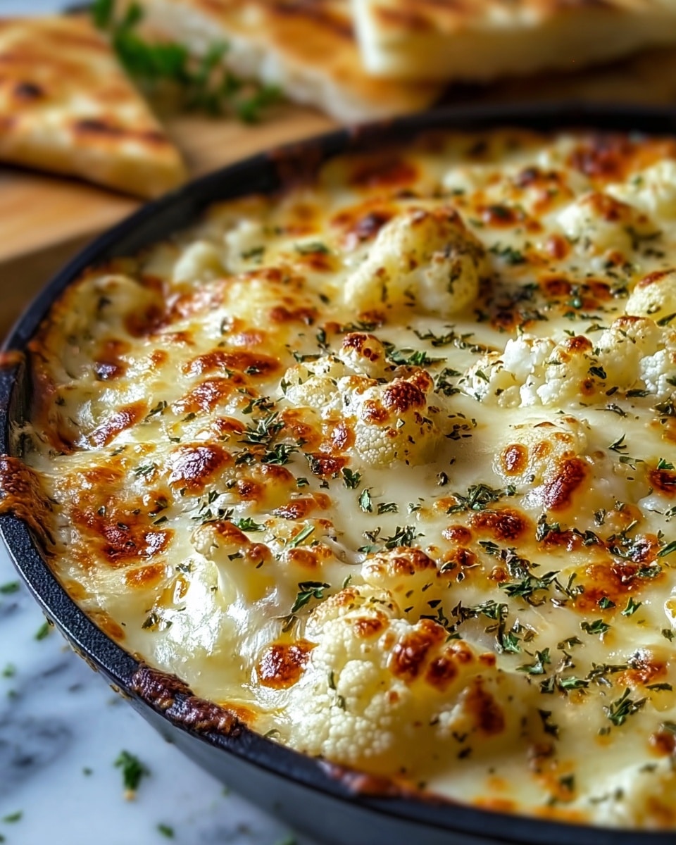 A close-up view of a baked cauliflower cheese dish in a round black pan, showing a top layer of melted cheese with golden brown spots and bubbly texture. The cheese covers white cauliflower florets that peek through slightly, sprinkled with dried green herbs. The pan sits on a white marbled surface, with pieces of bread or flatbread in the blurred background. The dish surface looks creamy, browned, and inviting. photo taken with an iphone --ar 4:5 --v 7