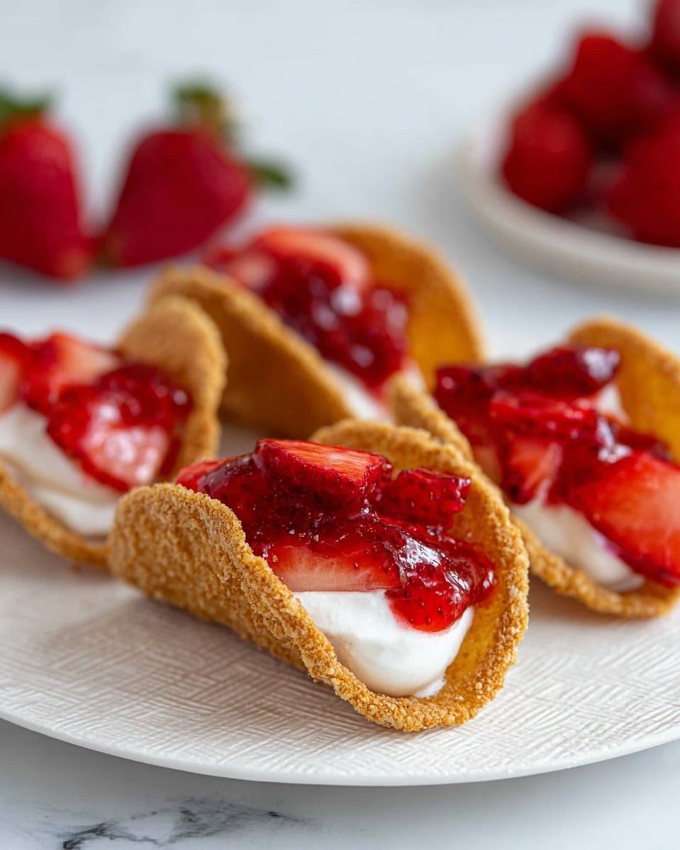 The image shows small taco-shaped dessert shells with a crunchy golden brown texture. Inside each shell, there is a layer of smooth white cream, which looks soft and fluffy, topped with a thick, glossy red strawberry sauce containing visible chunks of strawberries. The tacos are placed on a white plate with a subtle woven texture, set against a white marbled background. There are whole fresh strawberries in the background for added color and context. photo taken with an iphone --ar 4:5 --v 7