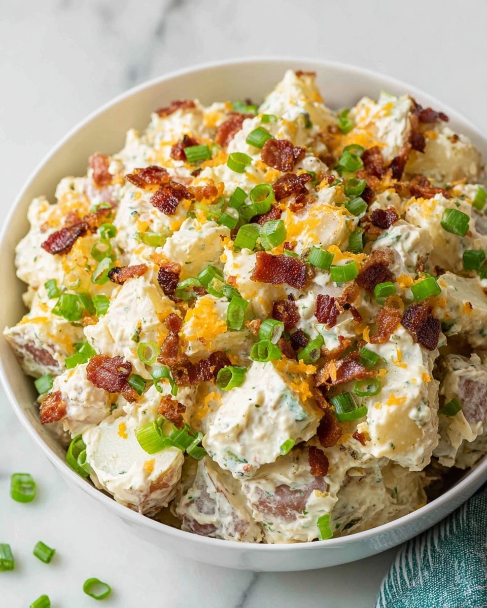 The image shows a white bowl filled with a creamy potato salad on a white marbled surface. The salad has several layers: the base layer is made of pale, diced potato pieces covered in a rich white dressing. Mixed in are small bright orange bits of shredded cheese and crispy dark brown bacon pieces scattered throughout. Fresh green slices of scallions are spread over the top and mixed in, adding a pop of color. The salad looks chunky and textured with a mix of smooth creaminess and crispy toppings. photo taken with an iphone --ar 4:5 --v 7
