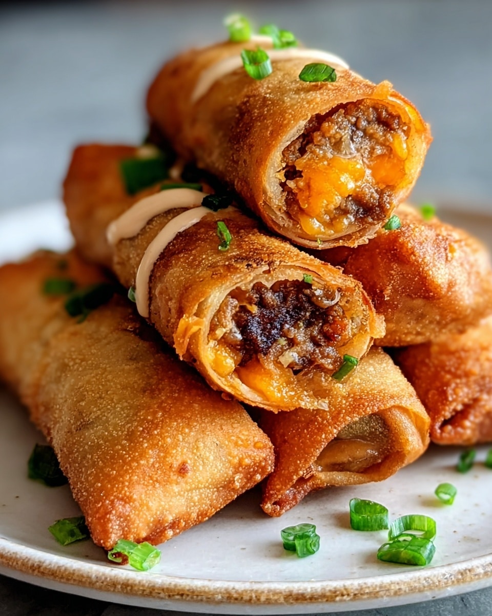 The image shows four crispy golden-brown spring rolls stacked on a white plate with a white marbled texture background. The spring rolls appear crunchy with various fillings visible: one has a dark meat filling, another has melted cheese with an orange color, and others have a mix of ingredients with a slightly oily texture. On top of the spring rolls, there are small green onion pieces scattered for garnish. A light drizzle of creamy sauce covers part of the rolls, adding contrast in texture and color. The focus is close and clear, highlighting the crispy texture and melting fillings. Photo taken with an iphone --ar 4:5 --v 7