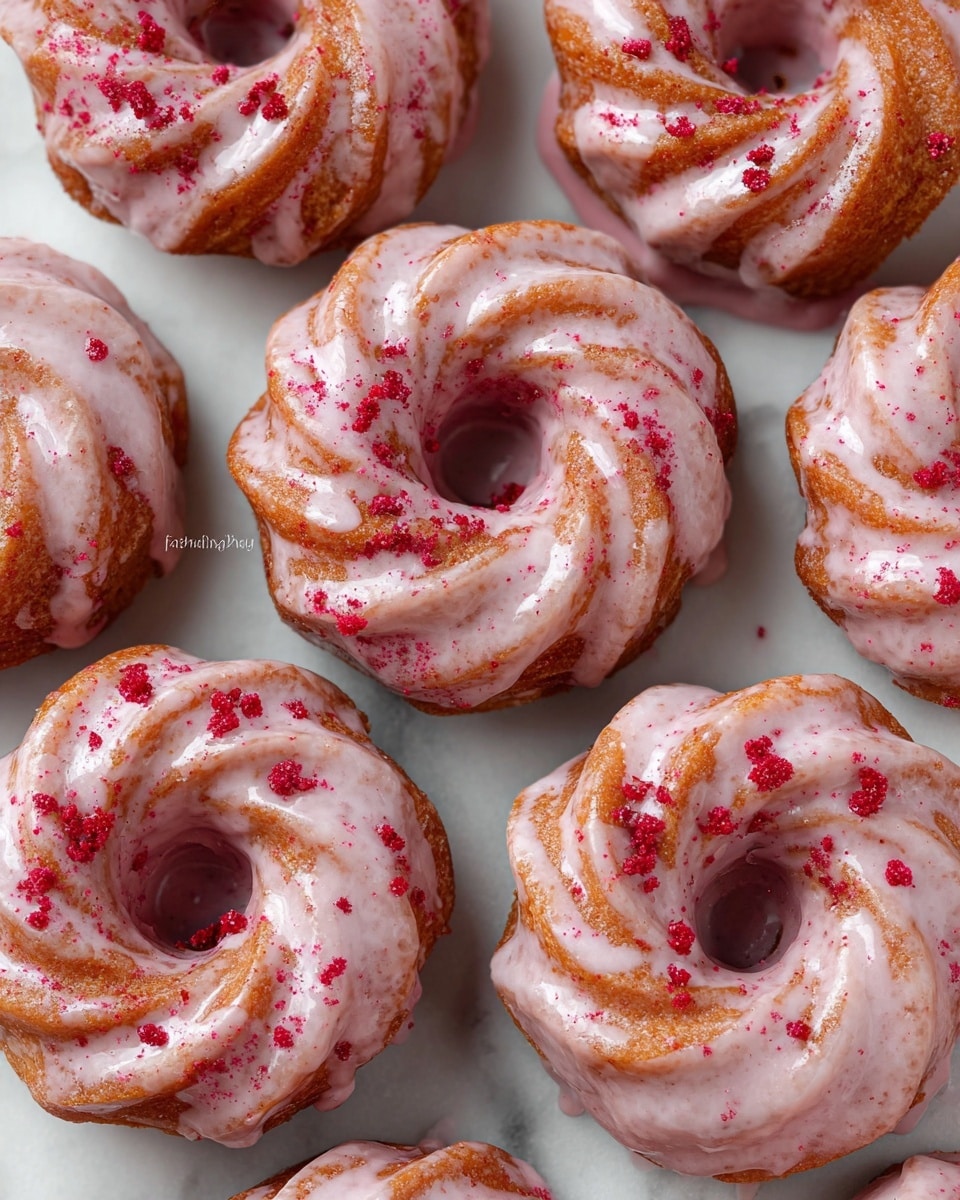 The image shows multiple round donuts with a twisted, ridged texture on their surface. Each donut has a golden-brown color and is coated with a smooth, light pink glaze that drips slightly into the folds of the ridges. Scattered red sprinkles or crumbs are spread evenly over the glaze, adding a bit of rough texture and contrast against the shiny coating. The donuts are placed close to each other on a white marbled surface, giving a clean and bright backdrop to the image. photo taken with an iphone --ar 4:5 --v 7