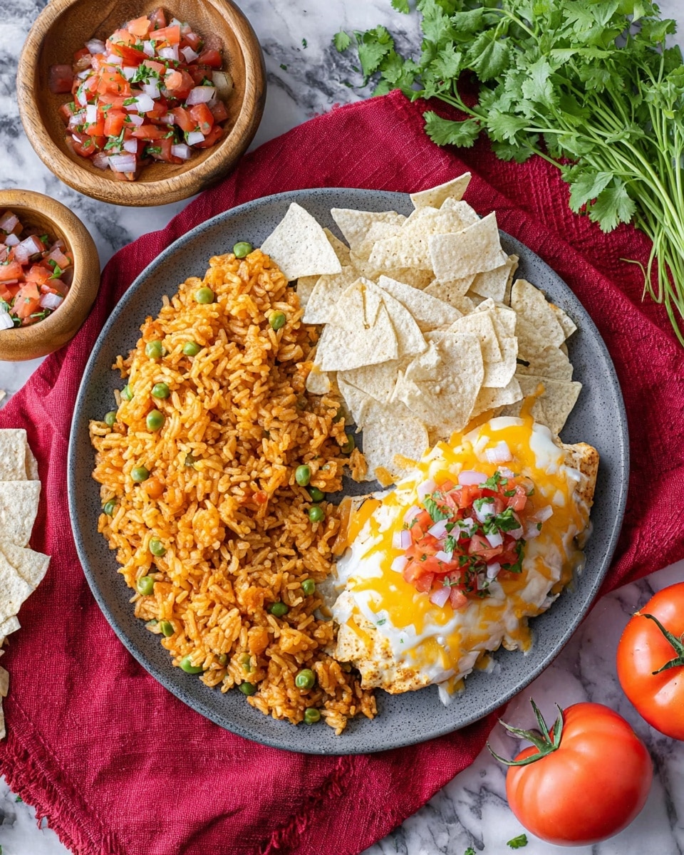 The image shows a grey plate with three main parts: on the left is a big pile of orange rice mixed with small green peas and diced orange carrots; the right side has a bed of broken white tortilla chips; on top of the chips is a piece of cooked chicken with a melted layer of yellow and white cheese, topped with a mix of red diced tomatoes, white diced onions, and green herbs. The plate rests on a red cloth on a white marbled textured surface. Around the plate, there are fresh tomatoes at the bottom right, a bunch of green cilantro at the top right, and a small wooden bowl and spoon holding diced tomato salsa on the top left. photo taken with an iphone --ar 4:5 --v 7
