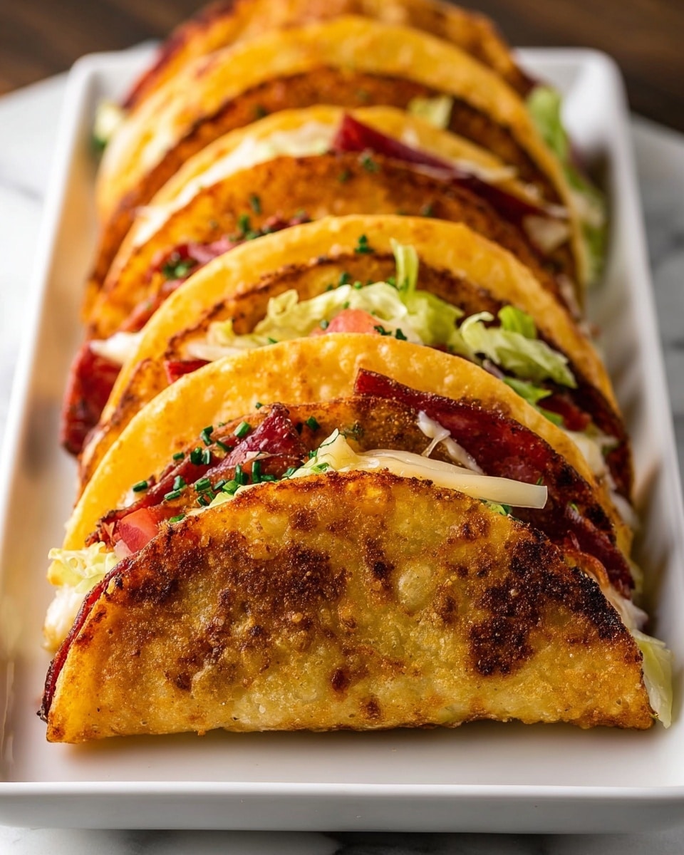 A row of five folded tacos are neatly arranged side by side on a white rectangular plate with a slight lip, resting on a white marbled surface. Each taco has a golden-brown crispy shell that looks slightly charred in some spots, giving a crunchy texture. Inside, visible layers include dark red slices of cured meat, pale yellow melted cheese, and small green herb sprinkles, with some light green lettuce peeking out. The tacos are packed full, showing a mix of colors and textures between the crispy shells and soft fillings. Photo taken with an iphone --ar 4:5 --v 7