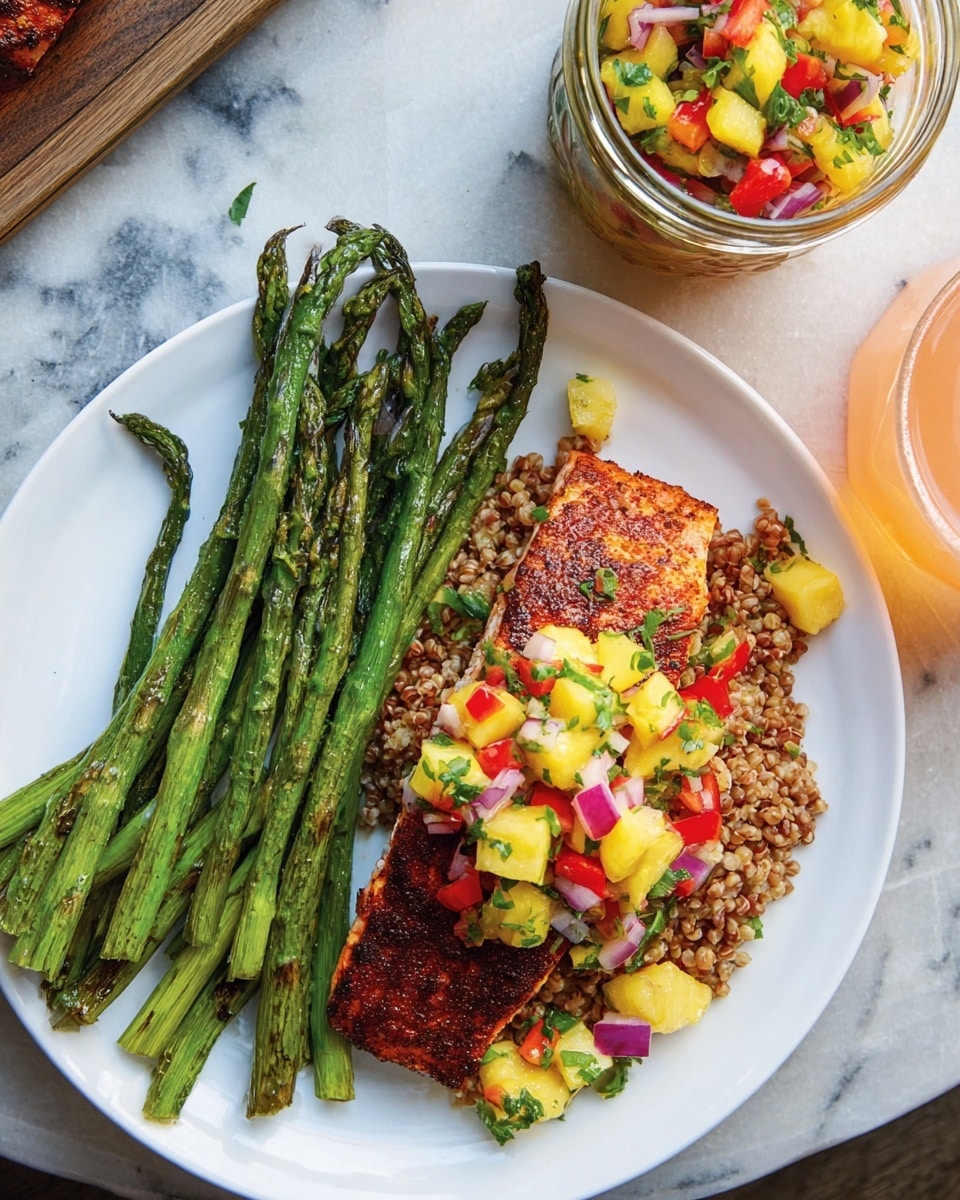 A white plate on a white marbled surface holds a serving of grilled asparagus spears on the left side, vibrant green with slight charring. To the right of the asparagus, a thick piece of grilled salmon with a reddish brown crust sits on a bed of cooked grains with a slightly rough texture. The top of the salmon and grains are scattered with a colorful salsa made of diced pineapple in bright yellow, red bell peppers, chopped red onions, and green herbs, adding a fresh, juicy, and colorful contrast. A glass jar filled with the same pineapple salsa is positioned at the top right corner, and a glass with a light orange drink is partially shown at the bottom right. photo taken with an iphone --ar 4:5 --v 7