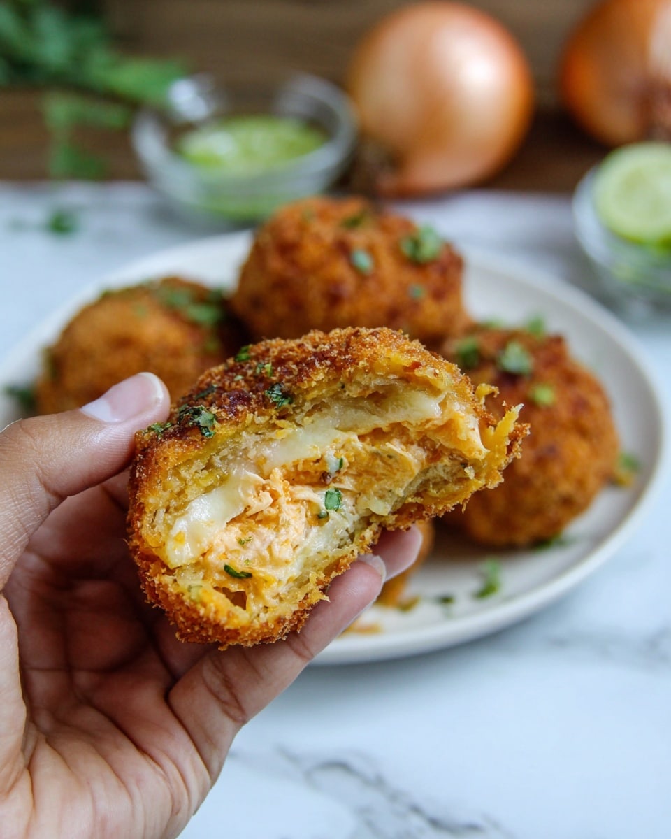 A close-up of a woman's hand holding a golden brown breaded and fried round snack that is cut in half to show its inside layers. The outer layer is a crispy, crunchy brown crust. Inside, there is a soft, light yellow layer followed by a creamy, cheesy orange and white mixture with bits of green, likely herbs or vegetables. The background has a white plate with more of these fried snacks garnished with small green bits, all set on a white marbled surface. In the blurred background, there are two whole onions and a small glass bowl with green slices. photo taken with an iphone --ar 4:5 --v 7