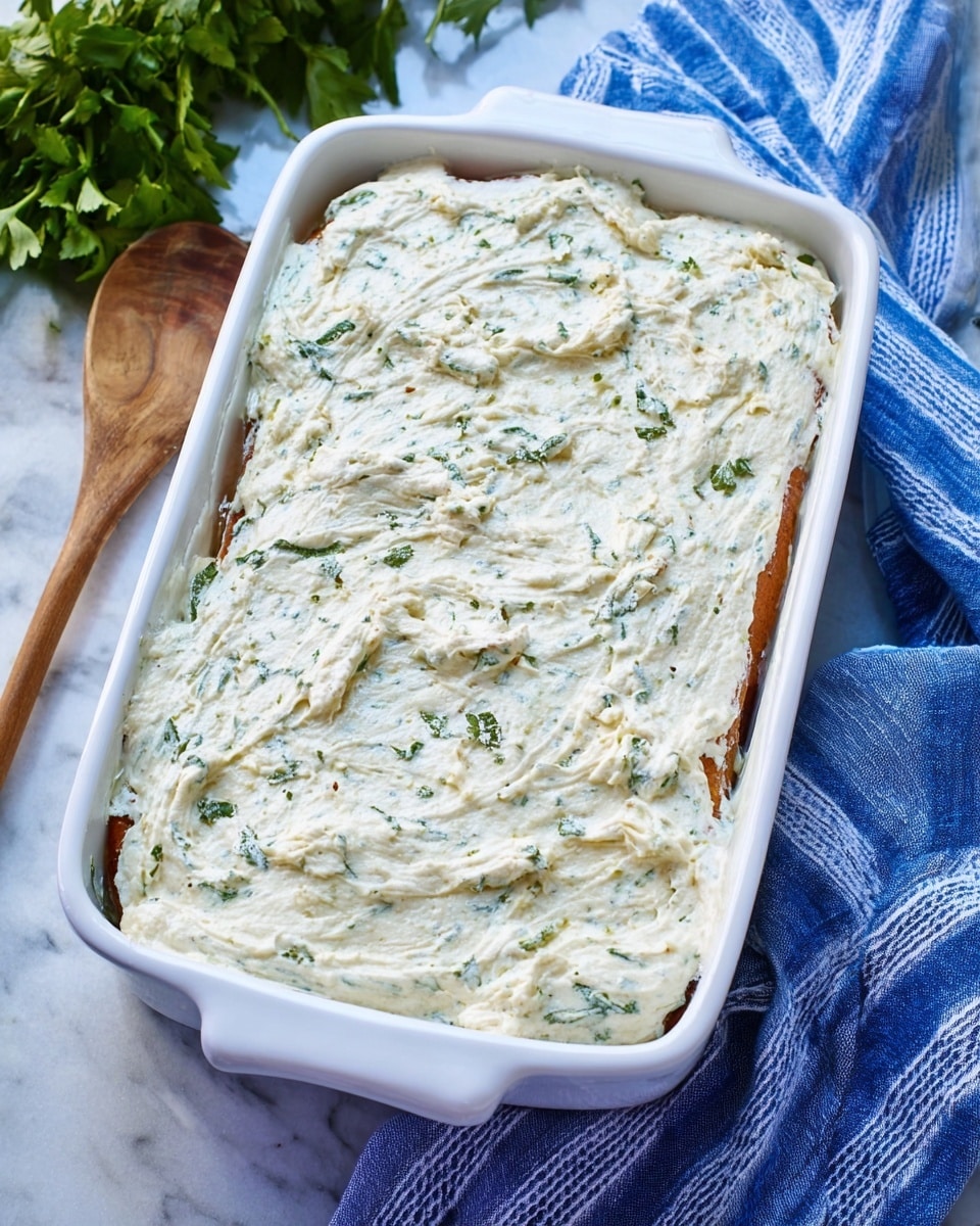 A white rectangular baking dish holds a layered dish with visible slices of orange sweet potatoes spread evenly at the bottom and covered by a thick layer of creamy white sauce mixed with finely chopped green herbs. The top layer is smoothly spread with some textured streaks showing the sauce’s thickness and flecks of herbs throughout. The baking dish is placed on a white marbled surface next to a wooden spoon and a blue cloth with white stripes, along with some fresh green herbs in the background. photo taken with an iphone --ar 4:5 --v 7