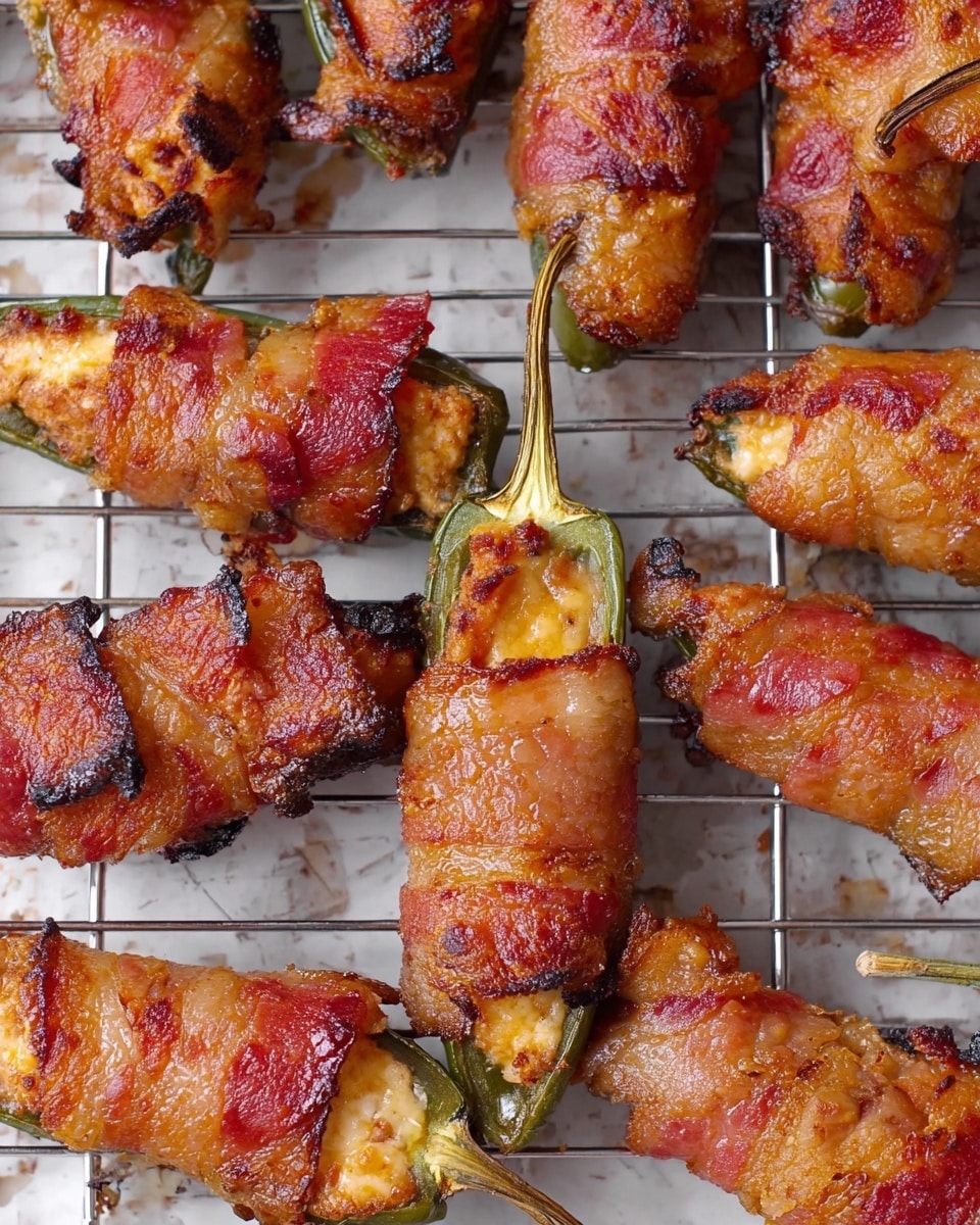 The image shows multiple jalapeño poppers wrapped in crispy, browned bacon, placed on a metal grilling rack over a white marbled surface. Each popper has one green jalapeño pepper filled with a creamy beige cheese mixture, fully wrapped with reddish-brown bacon that looks crunchy and caramelized in spots. The jalapeños are arranged side by side, with some slightly charred edges on the bacon and cheese. A toothpick sticks out from one of the poppers near the center, emphasizing the filling and wrapping. photo taken with an iphone --ar 4:5 --v 7