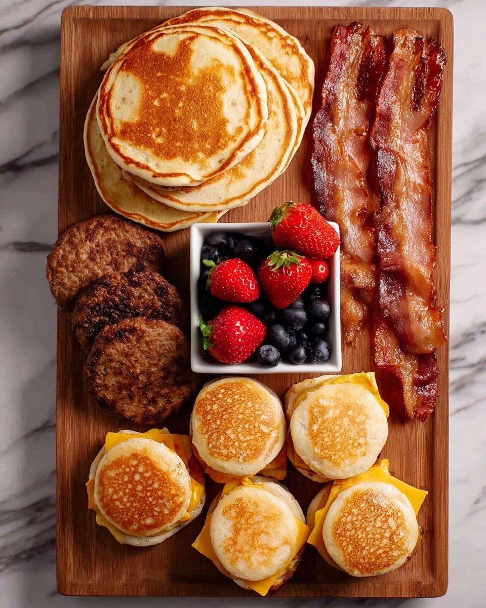 The image shows a wooden board on a white marbled surface filled with various breakfast items. At the top left, there are seven golden-brown pancakes stacked overlapping each other, showing a lightly crispy texture on their surfaces. To the right, four crispy bacon strips lay side by side in a shiny pinkish-brown color. In the center is a small white square bowl filled with three large red strawberries with green tops and many dark blue blueberries. Below to the left, three browned sausage patties sit close together, showing a rough, textured surface. At the bottom center and right, there are four mini breakfast sandwiches, each made with two small golden-browned pancake layers sandwiching bright orange melted cheese and bacon inside. photo taken with an iphone --ar 4:5 --v 7
