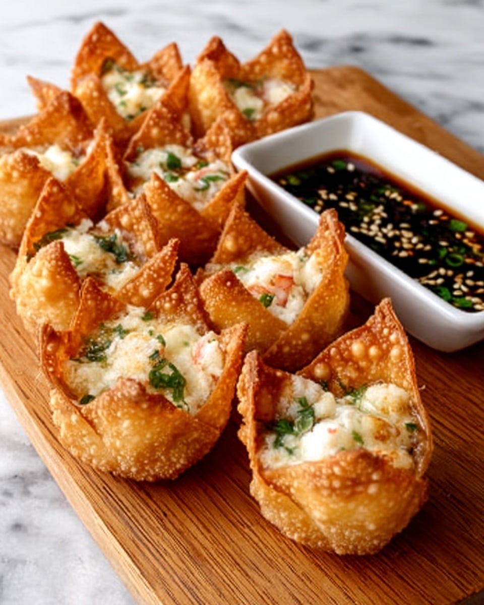 The image shows a wooden board with eight golden-brown fried wontons arranged closely together. Each wonton has a crisp, bubbly texture and an open top revealing a creamy white filling mixed with small pieces of green herbs and tiny pink bits, likely shrimp or meat. In the background, there is a white rectangular dish filled with dark dipping sauce that has visible sesame seeds and green herbs floating in it. The whole setup contrasts against a white marbled surface. Photo taken with an iphone --ar 4:5 --v 7
