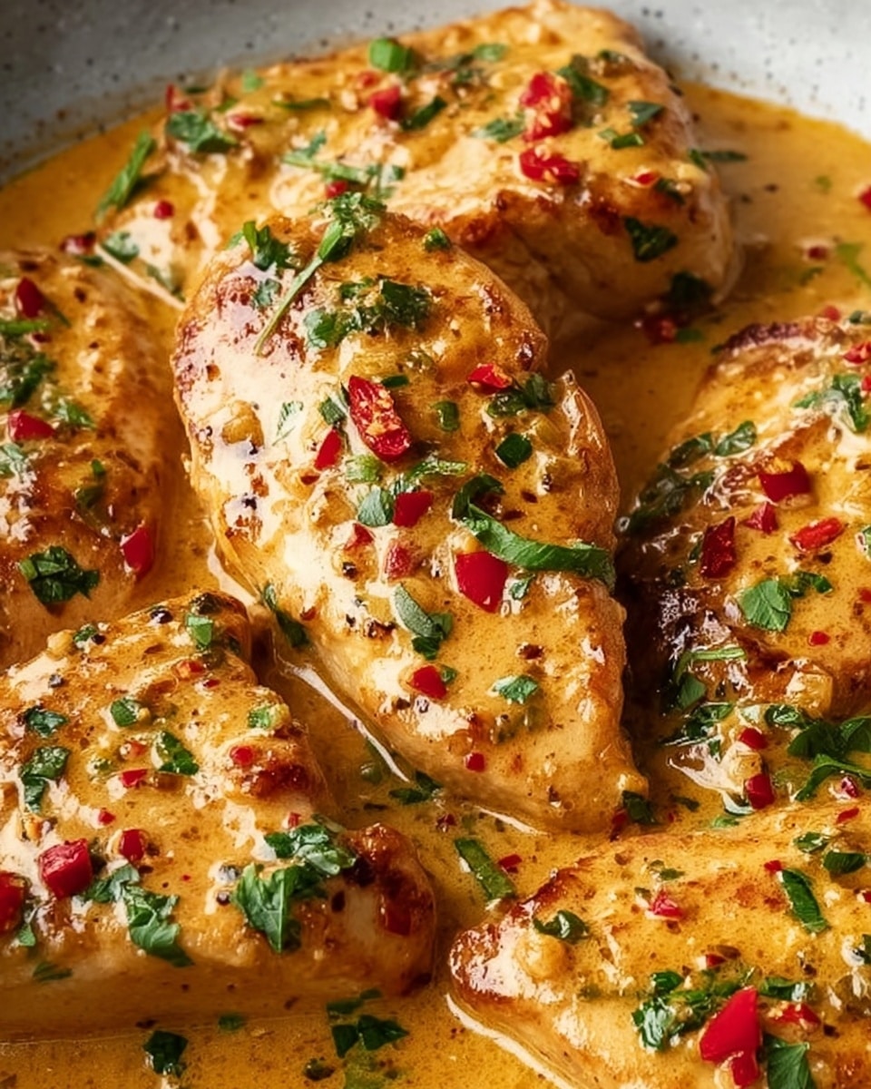 The image shows several thick, juicy chicken breasts cooked in a rich, creamy orange sauce. The chicken pieces have a light golden brown sear on the outside, and the sauce is smooth with visible small bits of red chili and green herbs scattered generously on top and around the chicken. The chicken pieces sit close together, slightly overlapping, and the sauce pools at the bottom with a glossy texture. The overall look is warm and inviting, highlighting the creamy and spicy nature of the dish. photo taken with an iphone --ar 4:5 --v 7