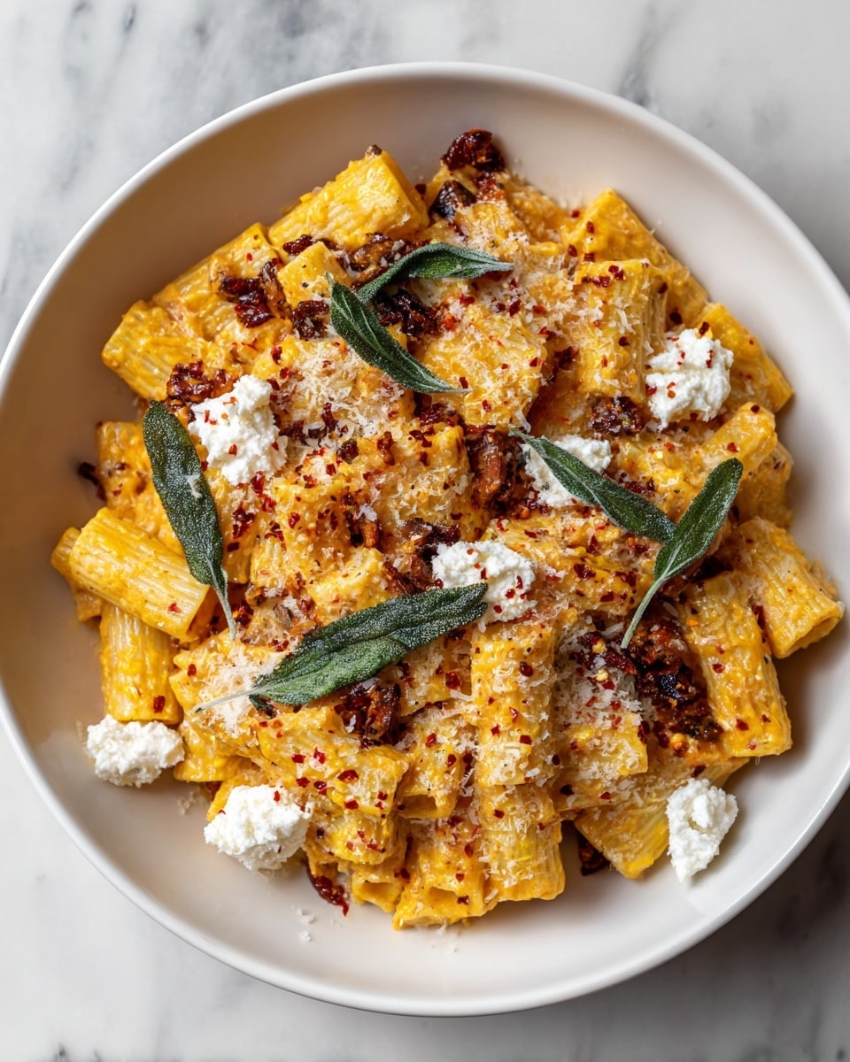 A white bowl filled with rigatoni pasta in a creamy orange sauce, layered with small dollops of white ricotta cheese, dark brown roasted bits, and green fried sage leaves scattered on top; the pasta is sprinkled with finely grated white cheese and red chili flakes, creating a textured and colorful dish on a white marbled surface. photo taken with an iphone --ar 4:5 --v 7