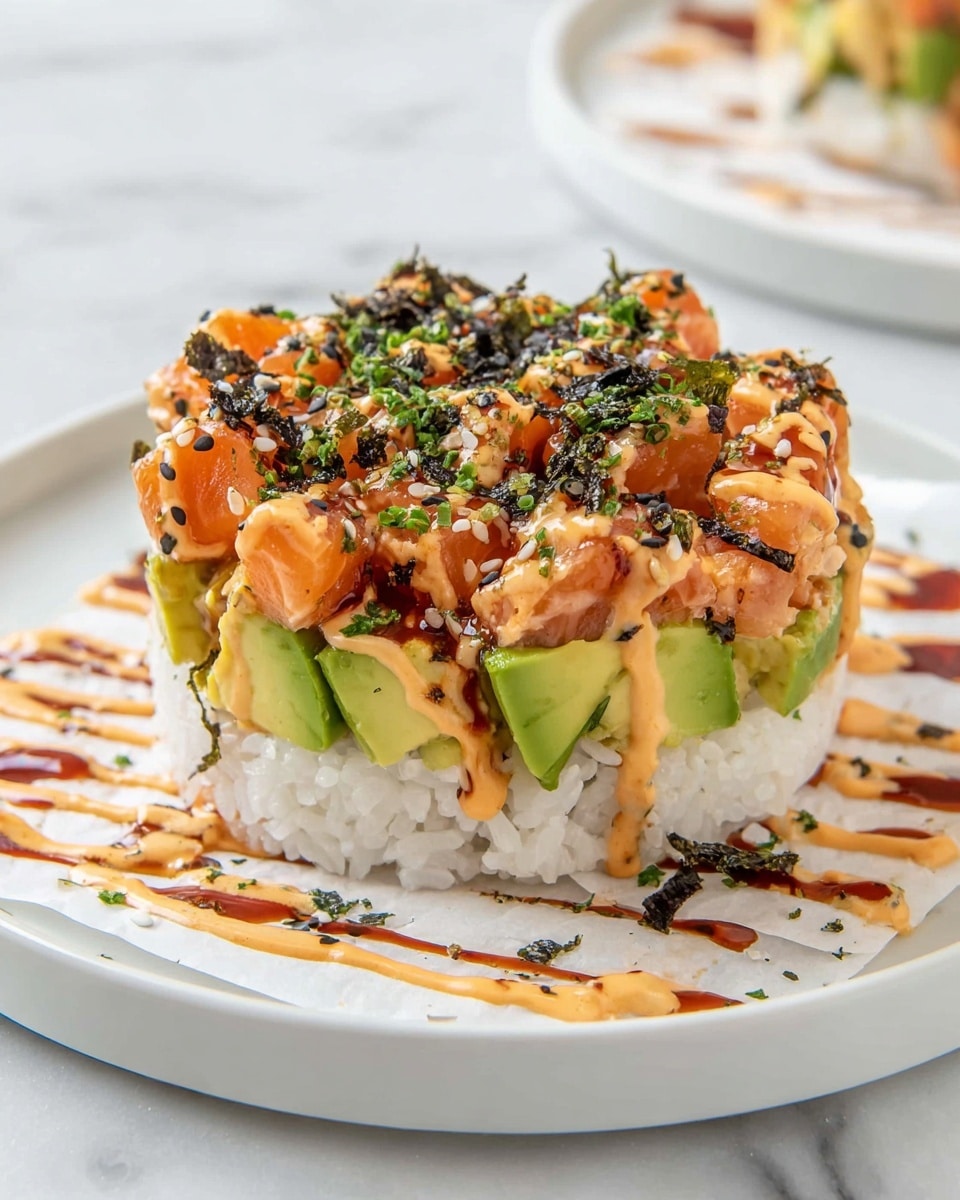 The dish is a round sushi stack with three main layers placed on a piece of white parchment in the center of a white plate. The bottom layer is a thick foundation of white sushi rice with a soft, sticky texture. The middle layer is made of green avocado cubes with a smooth, creamy look. The top layer consists of light orange chunks of salmon lightly coated with a creamy, spicy orange sauce that drips slightly down the sides. The dish is garnished with green herbs, black seaweed bits, sesame seeds, and thin dark brown sauce drizzles, adding color and texture contrast. The photo is taken on a white marbled surface. photo taken with an iphone --ar 4:5 --v 7