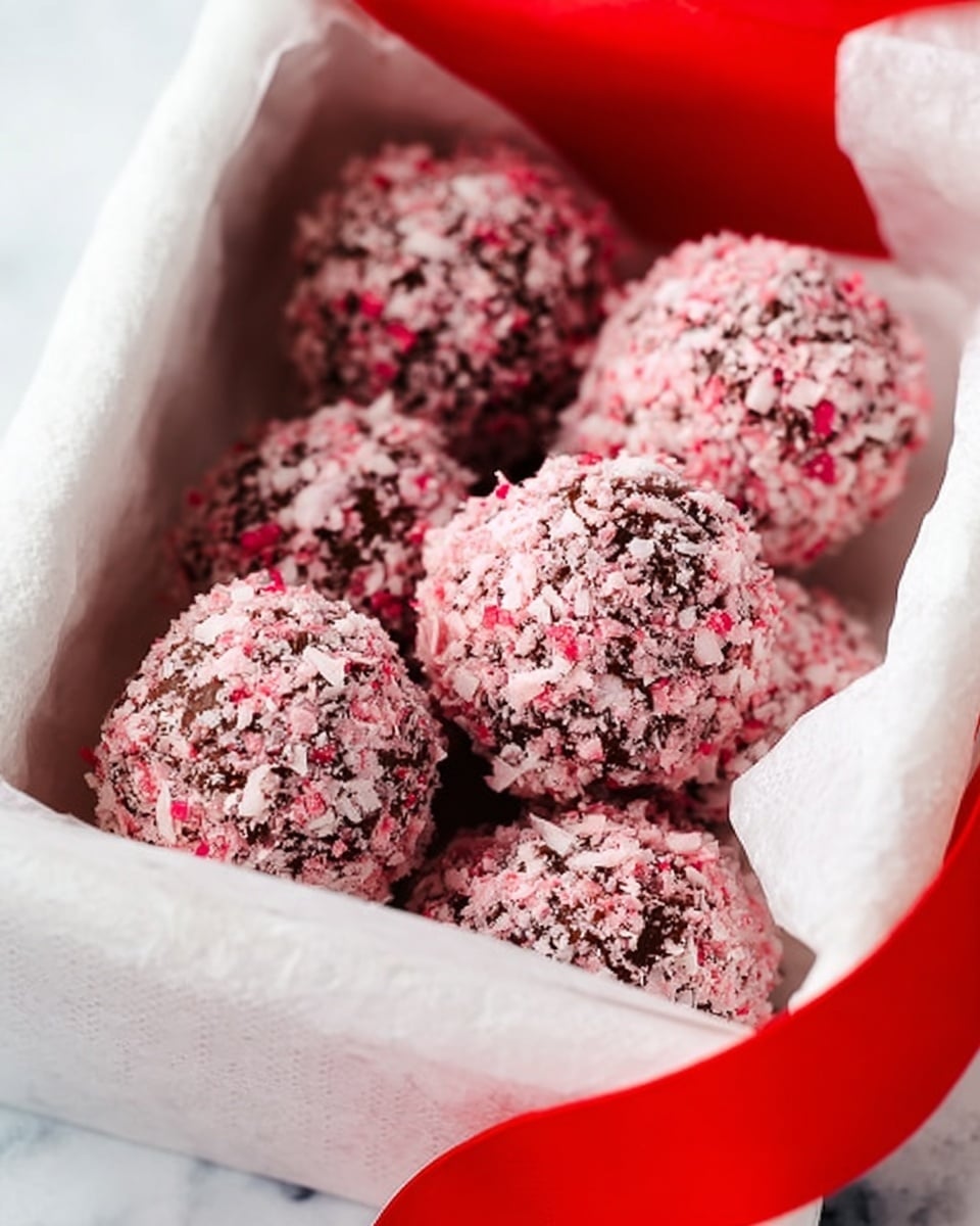Six round chocolate truffles are closely placed inside a white paper-lined box. Each truffle is coated with a rough, crumbly layer of crushed pink and white candy pieces, giving a mix of light and dark pink textures covering the dark brown chocolate core beneath. The box sits on a white marbled surface with a red ribbon partially visible on the side, adding a touch of color to the scene. The photo shows the truffles from a close-up angle, highlighting their crunchy outer coating. Photo taken with an iphone --ar 4:5 --v 7