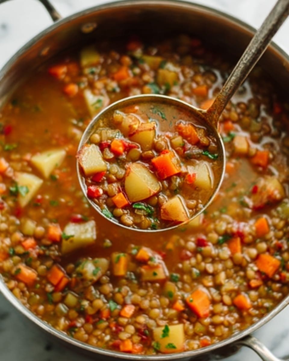 The image shows a close-up of a cooking pot filled with a thick lentil soup. The soup has many layers of small green lentils, diced orange carrots, light brown chunks of potatoes, bits of herbs, and small pieces of red pepper all mixed together in a rich brown broth. A silver ladle scoops up a portion of the soup, showing the different colors and textures clearly. The pot is placed on a white marbled surface. Photo taken with an iphone --ar 4:5 --v 7