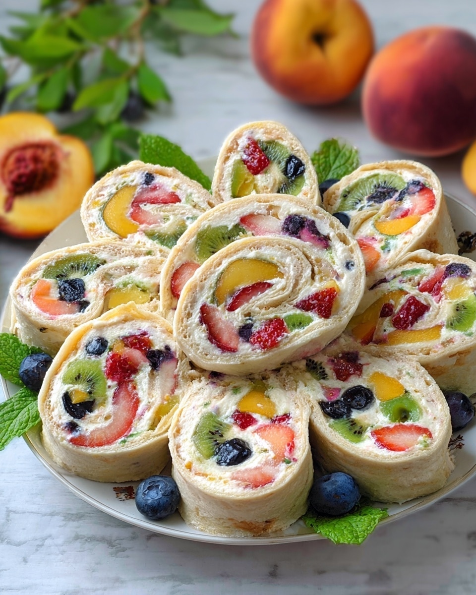 The image shows a white plate filled with rolled crepes sliced into thick pinwheel pieces. Each roll features an outer crepe layer that is light beige with a soft texture. Inside, there are two creamy layers filled with colorful fruit pieces including red strawberries, green kiwi, yellow peaches, and dark blue blueberries scattered evenly throughout. The cream layers are smooth and light, contrasting with the textured fruit. The rolls are arranged closely, some leaning on each other, with bright green mint leaves around adding freshness. The plate sits on a white marbled surface, with fresh peaches and green leaves softly blurred in the background. Photo taken with an iphone --ar 4:5 --v 7