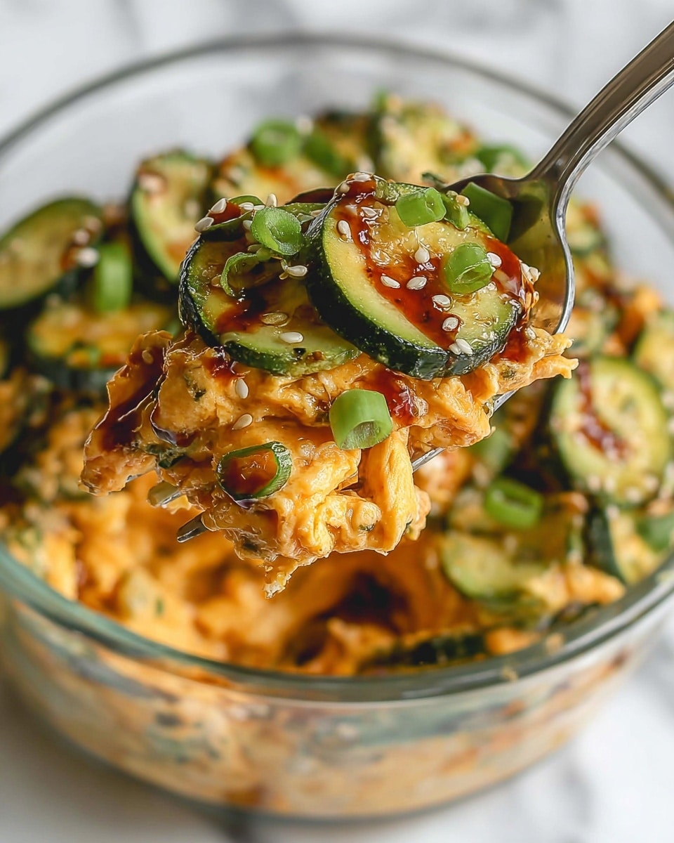 A close-up shot shows a fork holding a bite of a mixed dish with several layers. The bottom layer is a soft, creamy, orange-colored scrambled egg. Above it, thin slices of cooked zucchini form textured, shiny green rings with a slight char, layered on top and mixed within the eggs. The dish is topped with small chopped green onions and a drizzle of dark sauce with sesame seeds, adding contrast and shine. This mixture comes from a clear, round bowl with more of the same dish visible in the background, all set on a white marbled surface. photo taken with an iphone --ar 4:5 --v 7