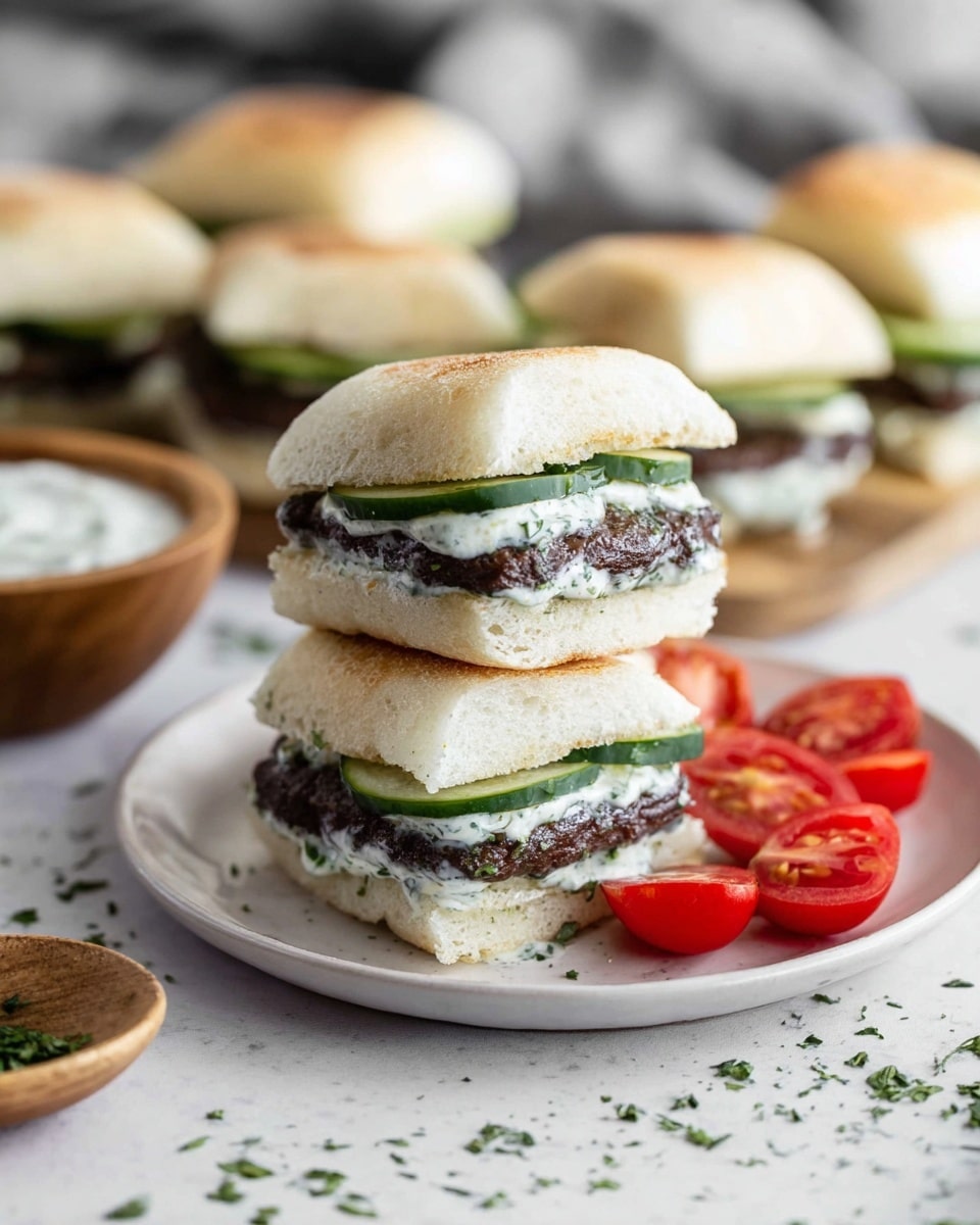 A white plate with a stack of three small sandwiches in the front, each sandwich has three layers: a soft light beige bread on top, a dark brown grilled patty in the middle, and slices of green cucumber with a white creamy sauce sprinkled with green herbs on the bottom; more sandwiches are placed behind and to the side, with a few bright red cherry tomato halves on the left side of the plate, all set on a white marbled surface with some green herb sprinkles scattered around, a wooden bowl with white sauce is visible on the bottom left corner. Photo taken with an iphone --ar 4:5 --v 7