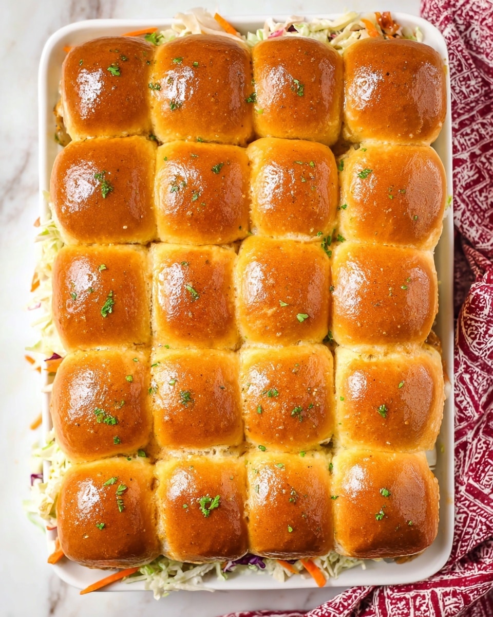 A white rectangular dish filled with 20 golden brown, soft sandwich slider buns neatly arranged in a 5 by 4 grid. Each bun has a shiny, slightly crispy top sprinkled with small green herbs. Below the buns, some shredded white and orange vegetables, likely coleslaw, peek out at the edges. The dish sits on a white marbled textured surface with a red and white patterned cloth partially visible on the right side. Photo taken with an iphone --ar 4:5 --v 7