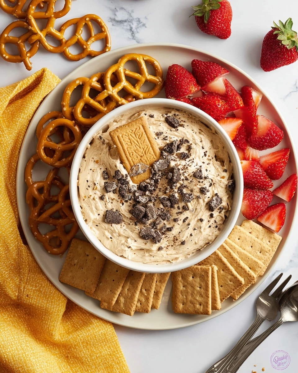 A white bowl filled with creamy, light brown dip with small dark chocolate chips and cookie crumbs mixed in, topped with a whole rectangular lotus cookie and more crumbs, sits in the center of a white round plate. The plate is arranged in four sections around the bowl: golden brown pretzels on the top left, fresh red strawberry halves on the top right, light brown square graham crackers on the bottom left, and a stack of rectangular lotus cookies on the bottom right. Whole strawberries and two small metal forks lie nearby on a white marbled surface, alongside a yellow cloth. photo taken with an iphone --ar 4:5 --v 7