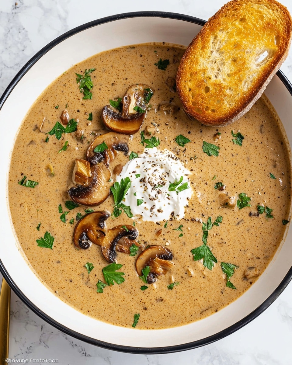 A creamy light brown mushroom soup fills a white bowl with a black rim, showing a thick, smooth texture mixed with small mushroom pieces. On top near the center, a dollop of white cream is placed, lightly sprinkled with black pepper and small green parsley leaves. Sliced golden-brown cooked mushrooms are arranged around the cream in a slight curve, and more bright green parsley pieces are scattered over the soup's surface. A single piece of toasted golden bread rests partly on the soup's edge in the bowl. The bowl sits on a white marbled surface. photo taken with an iphone --ar 4:5 --v 7