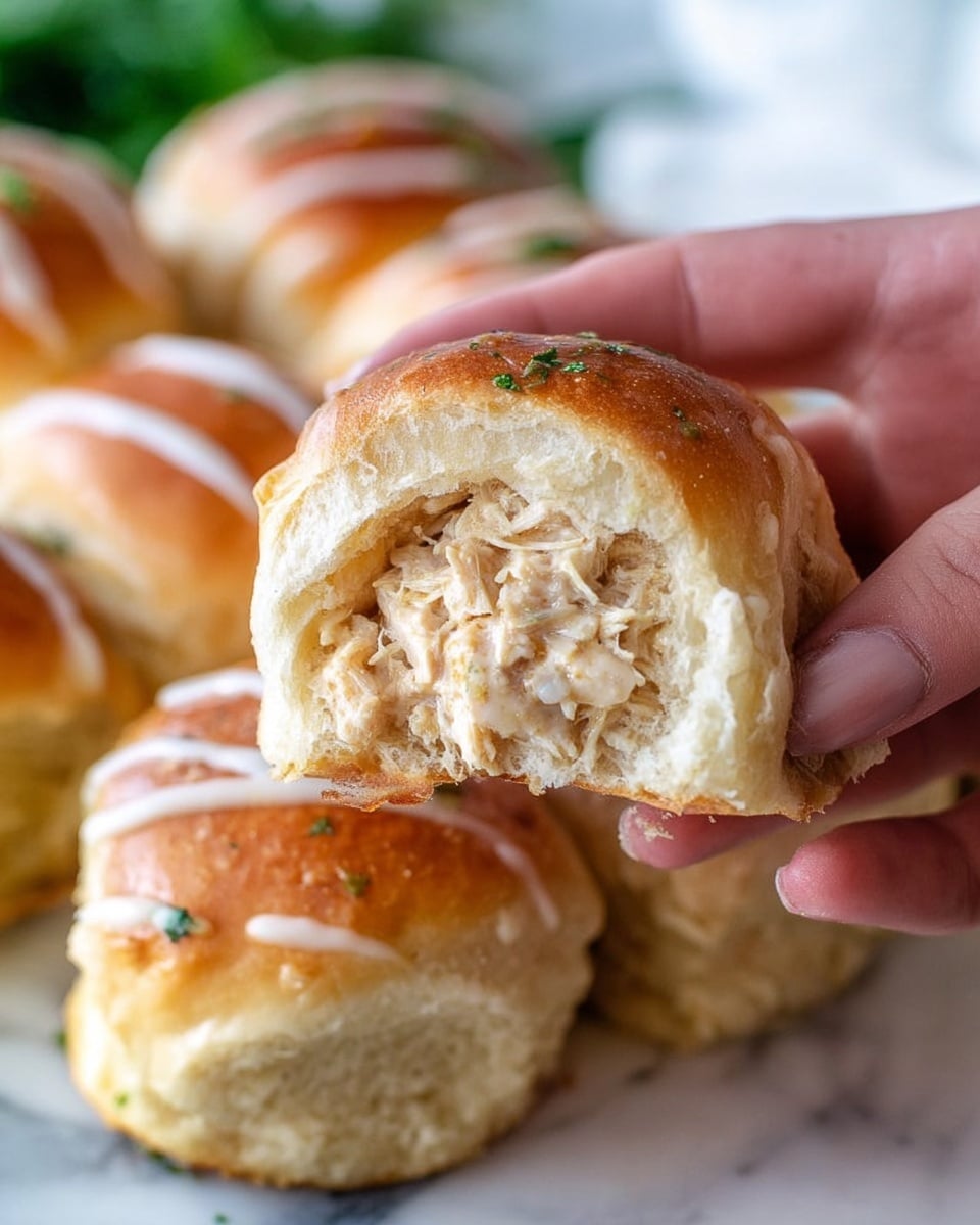A close-up of a woman's hand holding a soft, golden-baked bun with a visible creamy, light beige chicken filling inside showing shredded texture. In the background, there are several whole buns with golden brown tops and thin white icing drizzled over them, resting on a white marbled surface. The buns appear soft and fluffy with a slightly shiny crust and a few green herb flecks sprinkled on top. Photo taken with an iphone --ar 4:5 --v 7