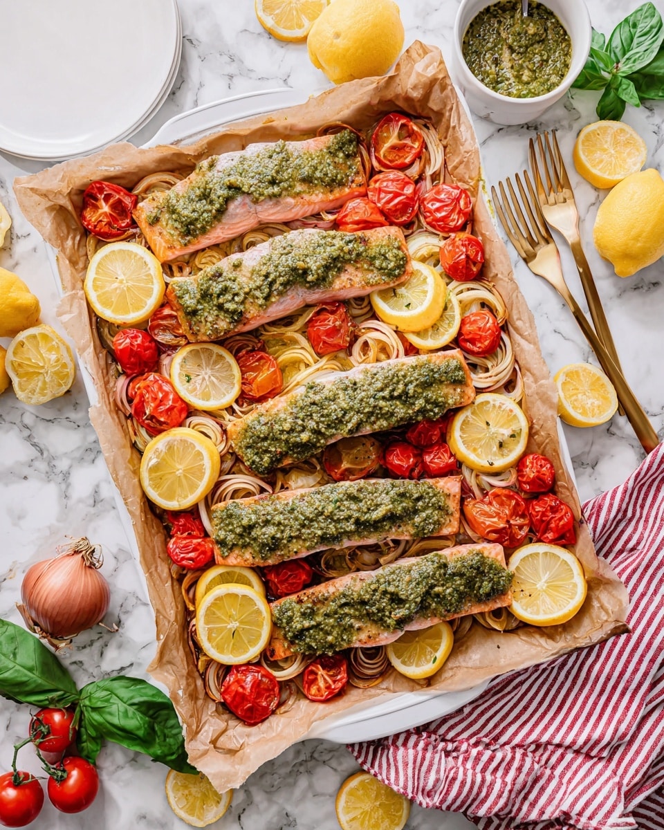 A white rectangular tray lined with brown parchment paper holds four pieces of baked salmon fillets, each topped with a thick, rough-textured green herb sauce. Around and under the salmon, there are sliced yellow lemon rounds, bright red roasted cherry tomatoes, and thin rings of cooked shallots with a light golden color. The tray sits on a white marbled surface scattered with lemon wedges, fresh green basil leaves, a whole shallot, a small white bowl of green herb sauce, and halved cherry tomatoes. A white plate and a gold fork rest nearby, with a striped red and white cloth partially visible on the side. Photo taken with an iphone --ar 4:5 --v 7