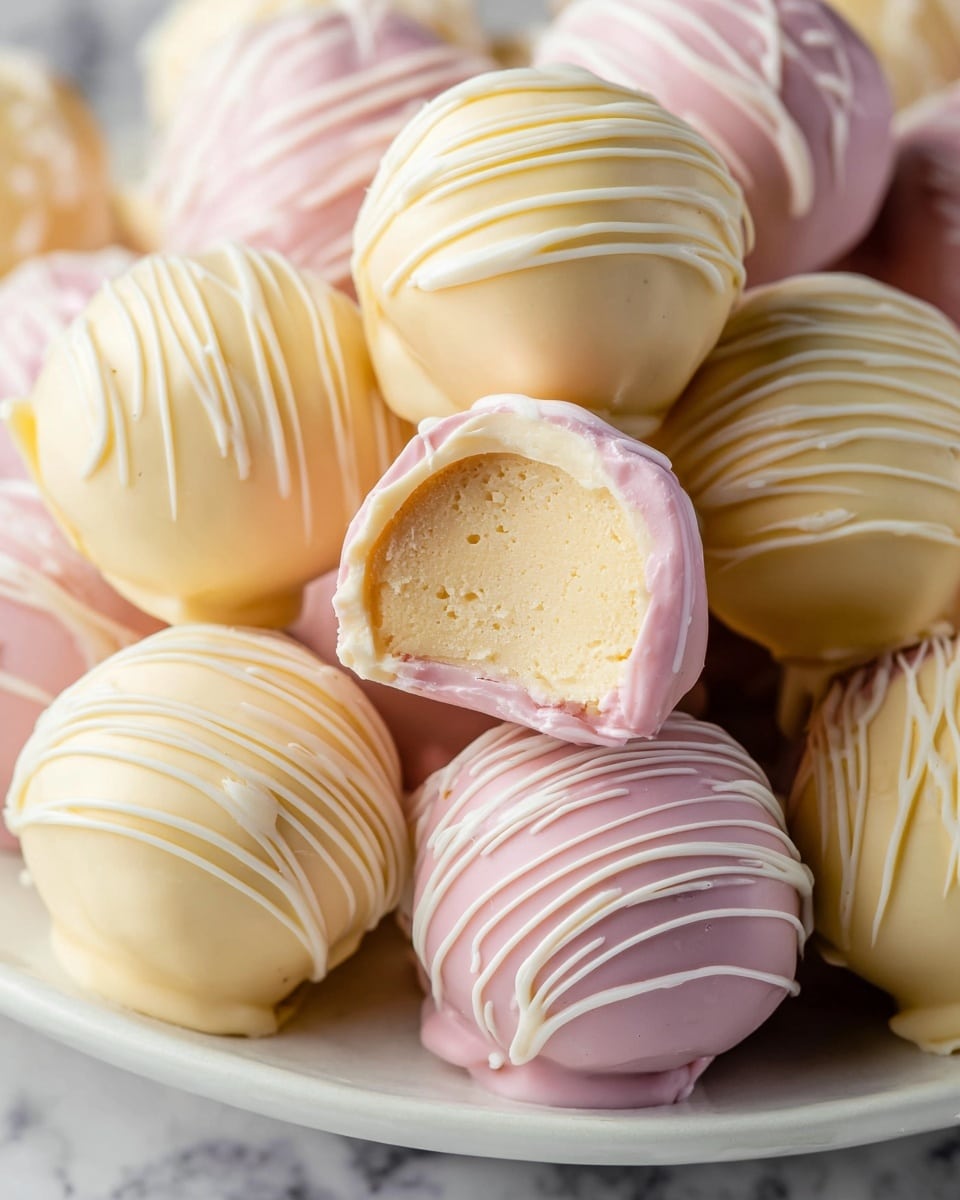 A close-up view of round truffles piled together, each coated with smooth pastel-colored shells in soft pink, creamy beige, and light yellow. Each truffle has thin, textured drizzle lines on the outside that contrast subtly in shades of pale pink, white, and light yellow. One truffle is cut in half at the front, showing a creamy, soft interior with a slightly swirled texture in a pale beige color, surrounded by a thin pastel pink outer shell. The truffles rest on a white plate placed on a white marbled surface. photo taken with an iphone --ar 4:5 --v 7