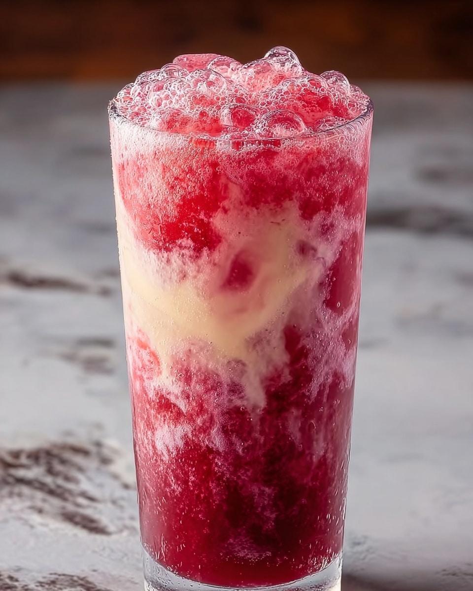 This drink is in a clear tall glass filled with three main layers. The bottom layer is a rich deep red, made up of crushed ice and juice. The middle layer is creamy white that swirls up and mixes slightly with the red, creating a marbled effect. The top layer has crushed ice with a bubbly foam, in bright red with some lighter pinkish bubbles. The glass is covered in small water droplets showing it is cold. The background is a white marbled surface. photo taken with an iphone --ar 4:5 --v 7