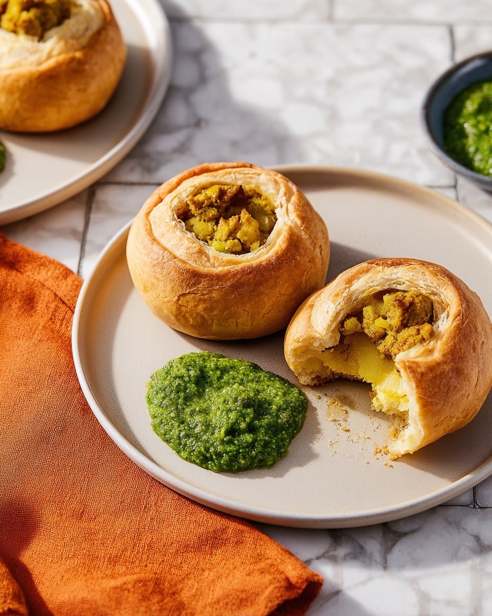 Two golden brown puff pastry buns sit on a white plate with one whole bun and another broken open showing a soft, yellowish filling inside. The tops of the buns have a small crater filled with some of the same filling, which looks crumbly and spiced. Next to the buns are two dollops of bright green, coarse textured chutney or sauce. The plate rests on a white marbled tile surface, and nearby there is an orange cloth napkin and a partial view of another white plate with a bun and green chutney. Photo taken with an iphone --ar 4:5 --v 7