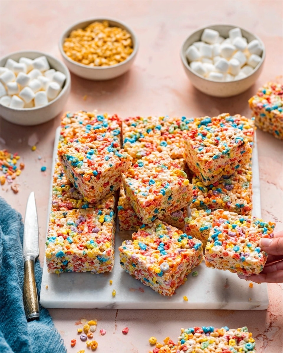 The image shows a white square plate filled with 16 colorful cereal treats cut into squares. Each square has a base of light, sticky rice cereal mixed with tiny, colorful round cereal pieces, creating a speckled look with colors including red, yellow, blue, and orange. The treats are stacked closely, some pieces missing to show rough, slightly shiny texture. On the white marbled surface around the plate, there is a white bowl full of the colorful cereal, another white bowl with small white marshmallows, a bowl of golden cereal, and a small knife with a silver blade and white handle resting beside the plate. A woman's hand is reaching toward one of the cereal squares at the bottom of the plate. photo taken with an iphone --ar 4:5 --v 7