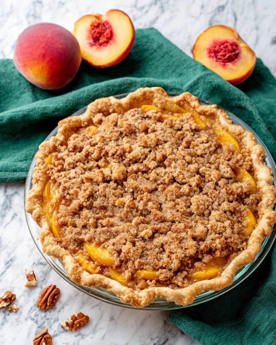The image shows a round peach crumb pie in a clear glass pie dish, filled with golden peach slices covered by a thick, crumbly brown sugar topping. The pie crust is light golden with slightly ridged edges holding the filling inside. Two fresh peach halves with bright orange and pink tones are placed above the pie on a green cloth. The pie dish sits on a white marbled surface with a few scattered pecans around it. photo taken with an iphone --ar 4:5 --v 7