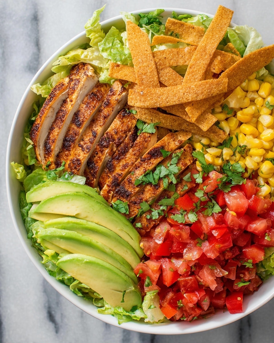 A white bowl filled with a colorful salad layered on a bed of fresh, bright green lettuce. On one side, there are thin slices of light green avocado with a smooth texture, next to golden yellow corn kernels. Toward the middle, crispy light brown tortilla strips are stacked, topped with small green cilantro leaves. On the opposite side, juicy red diced tomatoes add color contrast, while on top of the lettuce are thick slices of grilled chicken breast with a browned, slightly charred surface, sprinkled with more cilantro leaves. The bowl sits on a white marbled surface. photo taken with an iphone --ar 4:5 --v 7
