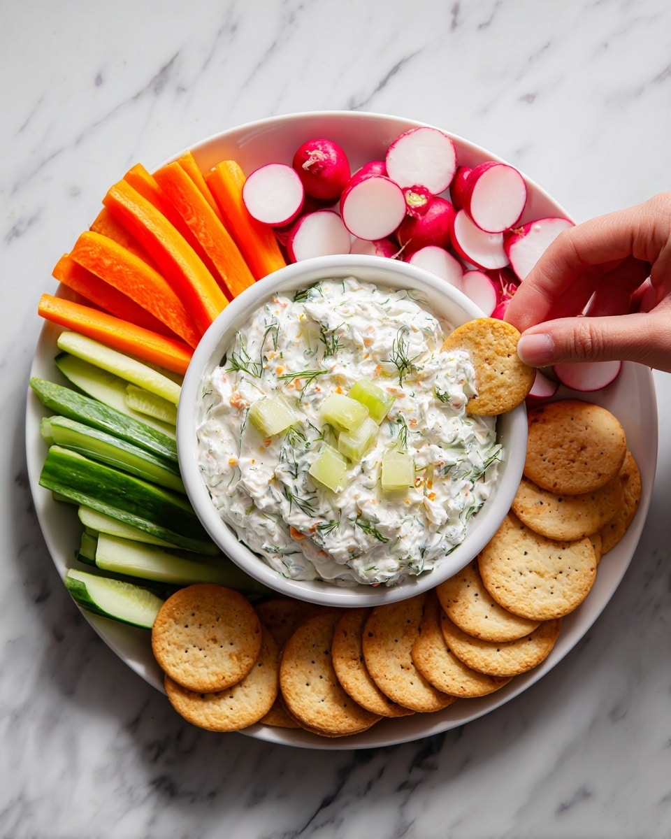 A white bowl filled with thick, creamy white dip speckled with green herbs and topped with small diced pickles sits in the center of a white plate. Surrounding the bowl are bright orange carrot sticks, light green celery sticks, fresh green cucumber spears, and both whole and sliced vibrant red radishes with white centers. On the lower side of the plate, there is a neat pile of golden brown round crackers. A woman's hand is dipping a cracker into the bowl of dip. The plate rests on a white marbled surface. photo taken with an iphone --ar 4:5 --v 7